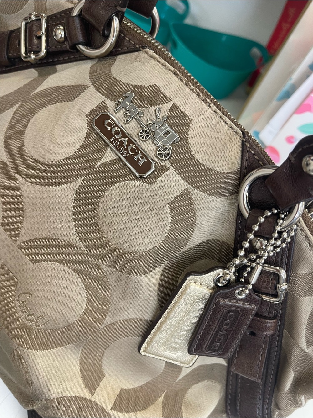 Coach Beige Signature Canvas Satchel with Brown Leather Trim - Picture 6 of 9
